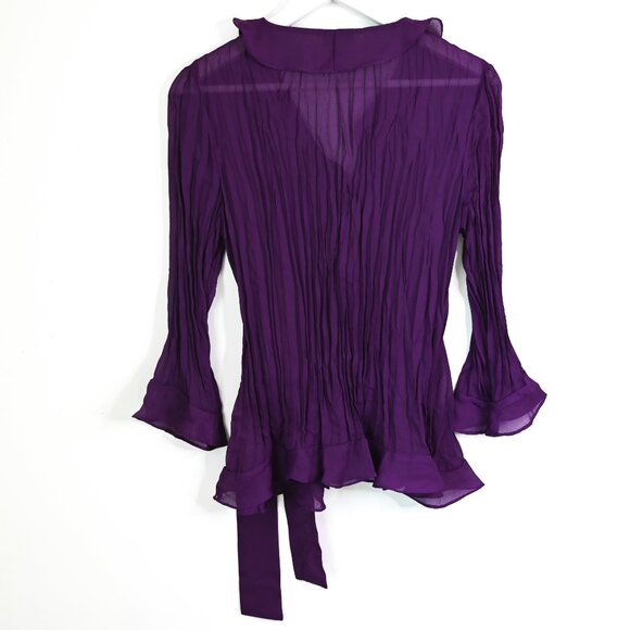 EAST 5th Purple Accordion Pleated Ruffled V-Neck Flared Long Sleeve Wrap Blouse - Picture 5 of 8